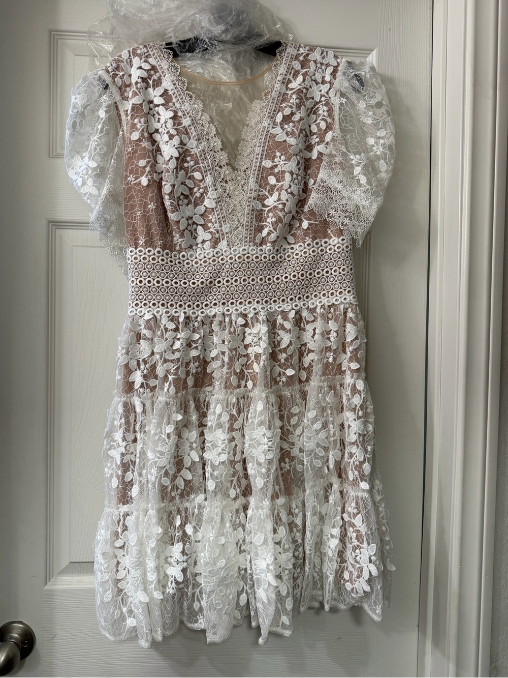 Bronx and Banco Blush Mini Dress with White Floral Lace